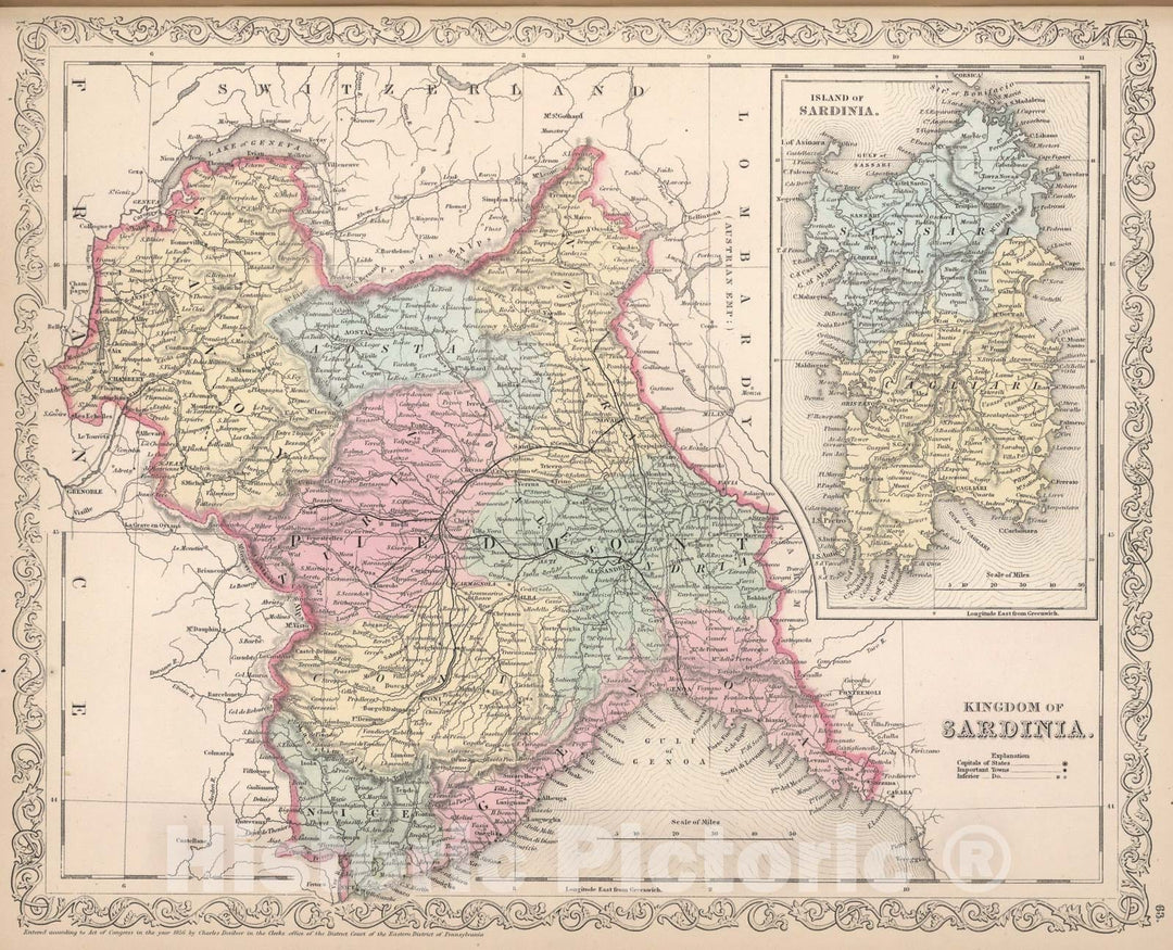 Historic Map : Kingdom of Sardinia, 1857, Vintage Wall Art