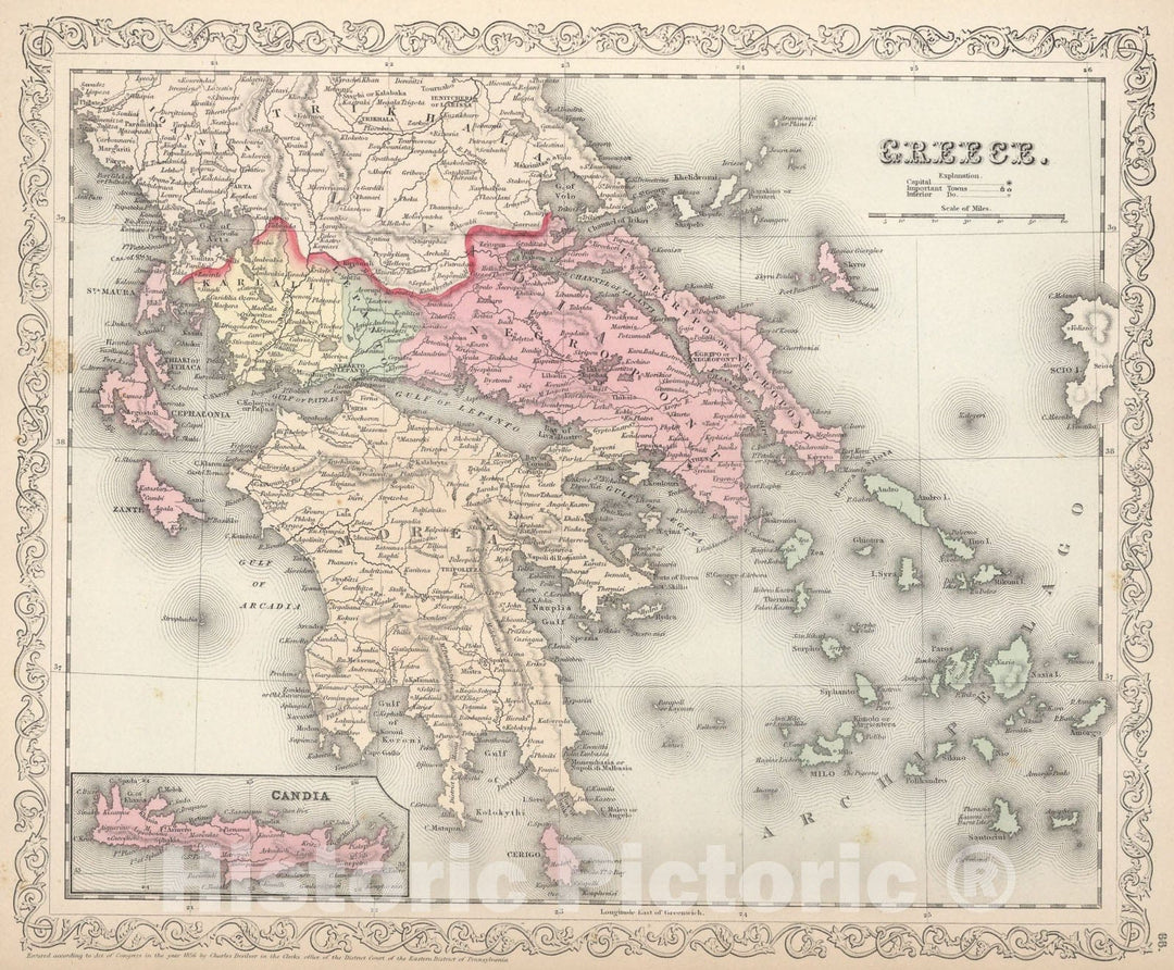 Historic Map : Greece, 1857, Vintage Wall Art