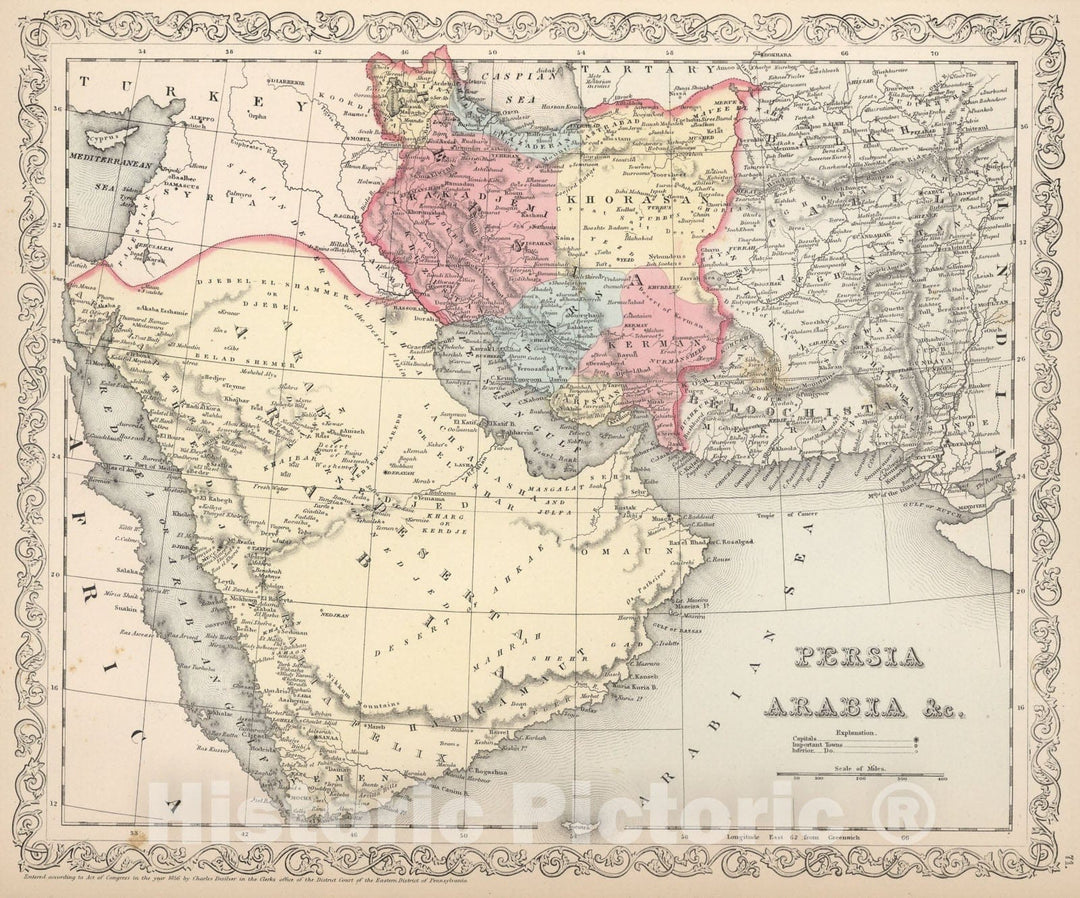 Historic Map : Persia, Arabia, 1857, Vintage Wall Art