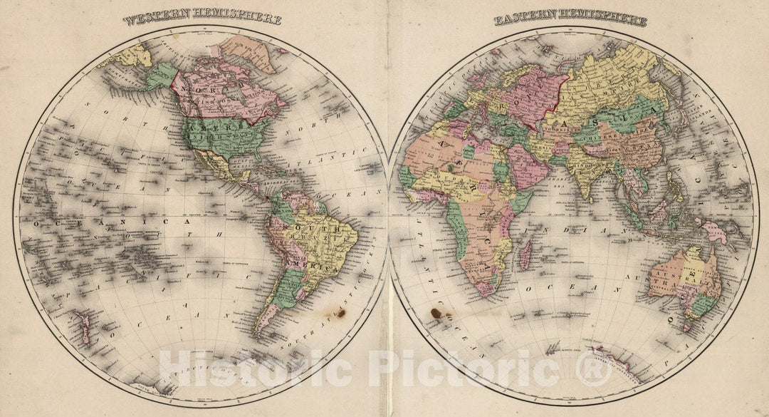 Historic Map : Western Hemisphere. Eastern Hemisphere, 1872, Vintage Wall Art