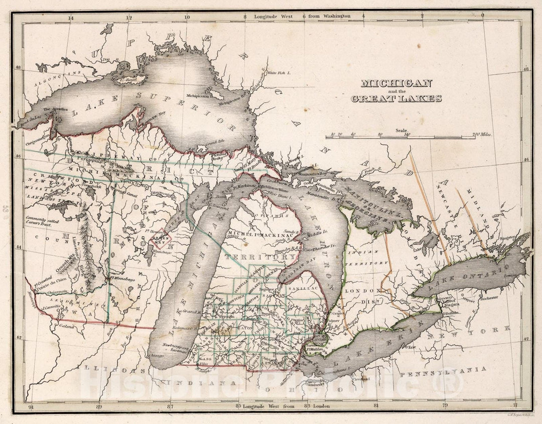 Historic Map : Michigan and the Great Lakes, 1838, Vintage Wall Art