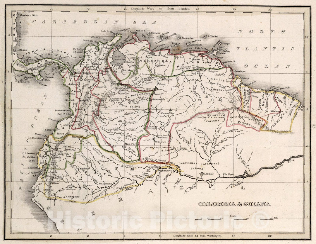 Historic Map : Colombia & Guiana, 1838, Vintage Wall Art