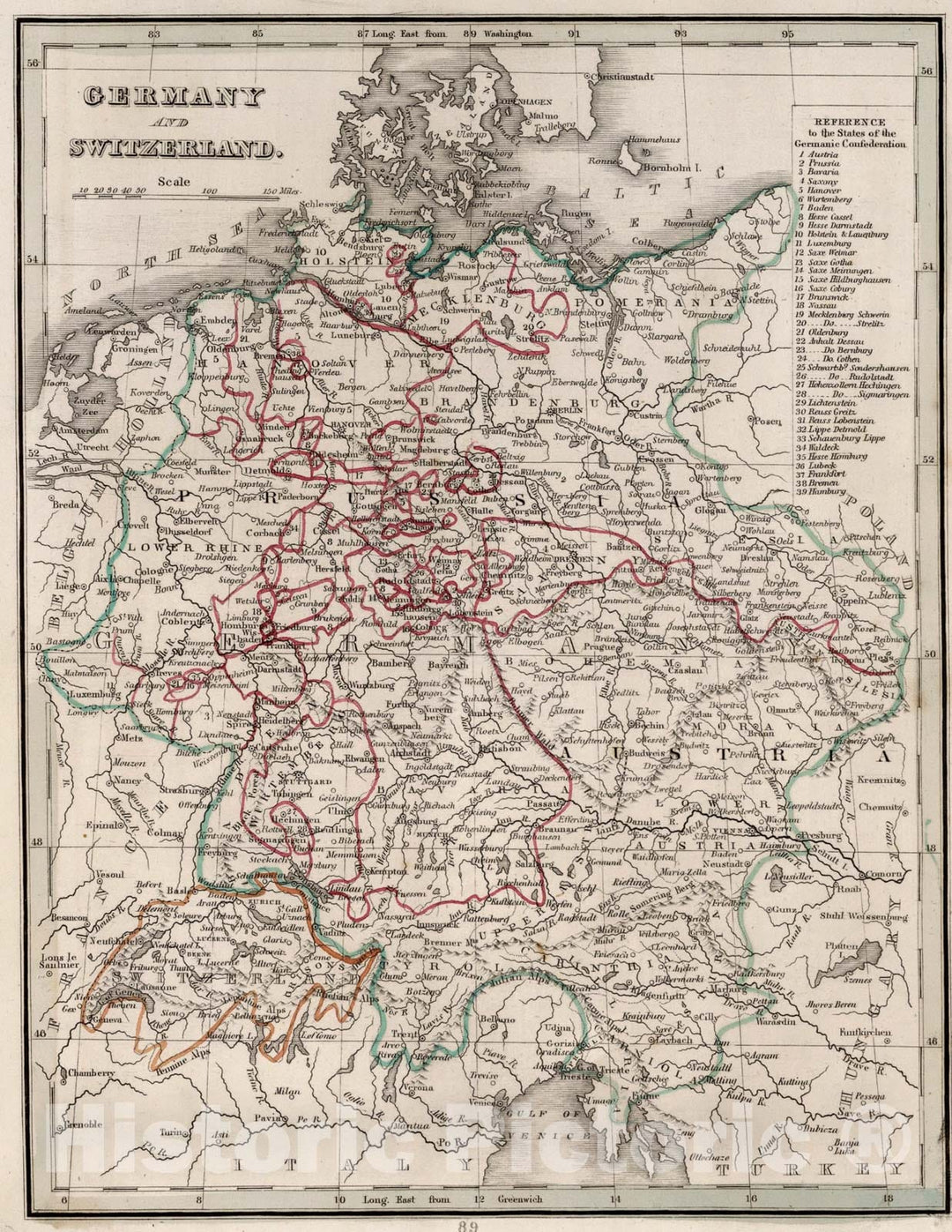 Historic Map : Germany and Switzerland, 1838, Vintage Wall Art