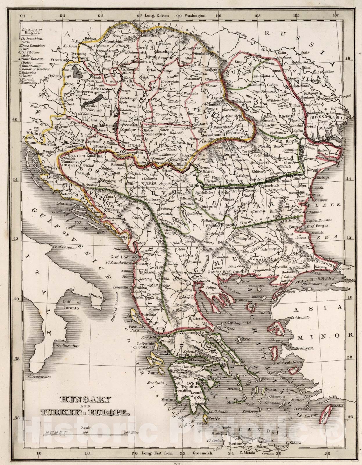 Historic Map : Hungary and turkey in Europe, 1838, Vintage Wall Art