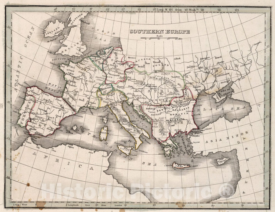 Historic Map : Southern Europe, 1838, Vintage Wall Art