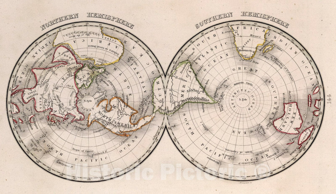 Historic Map : Northern Hemisphere. Southern Hemisphere, 1838, Vintage Wall Art