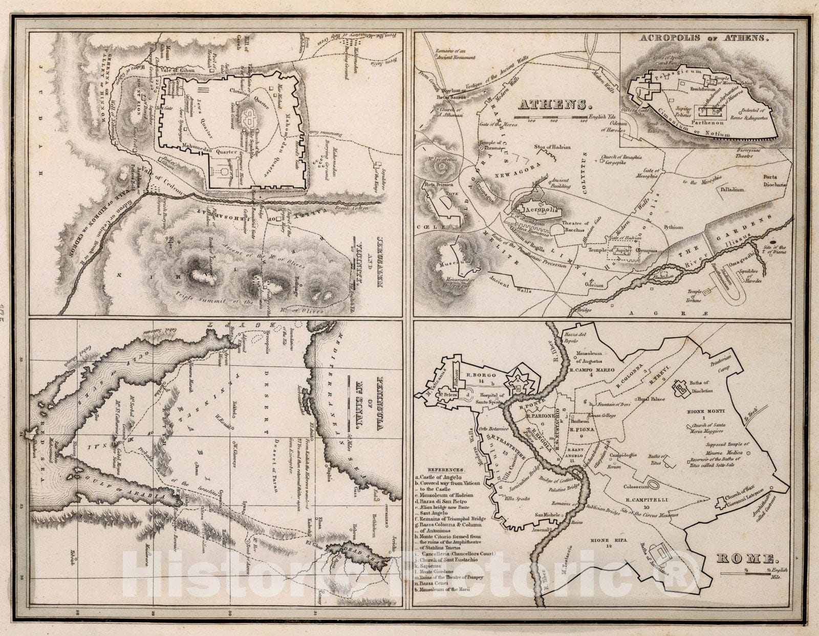 Historic Map : Athens. Rome. Jerusalem and vicinity. Peninsula of Mt. Sinai, 1838, Vintage Wall Art