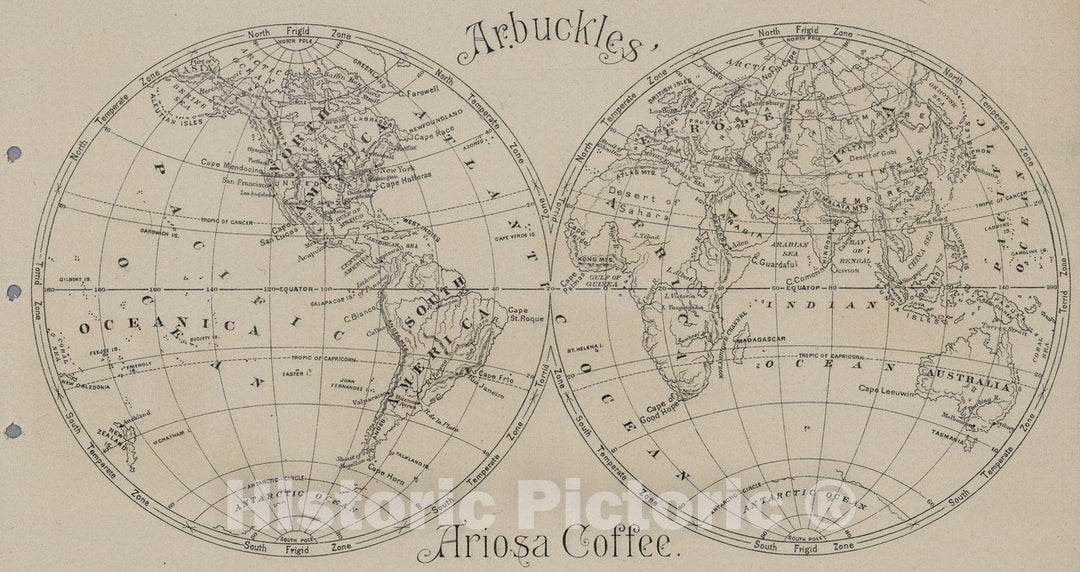 Historic Map : (World Map labeled Arbuckles' Ariosa Coffee)., 1890, Vintage Wall Art