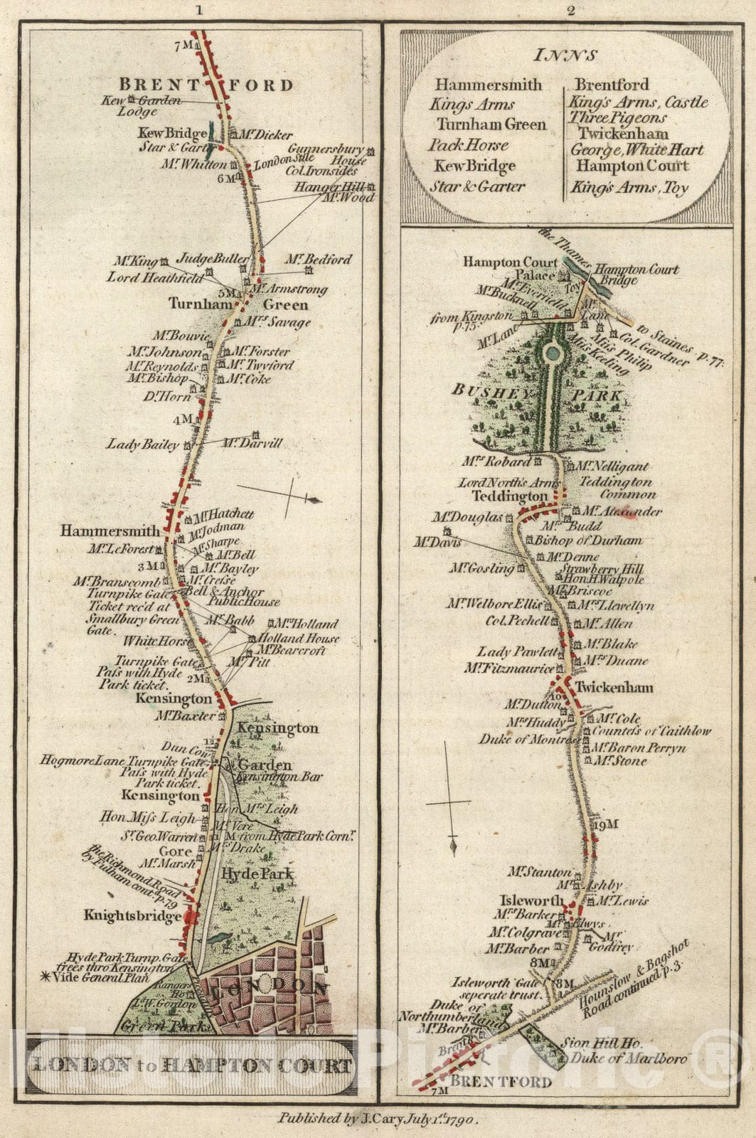 Historic Map : Map Legend, and London to Hampton Court., 1790, Vintage Wall Art