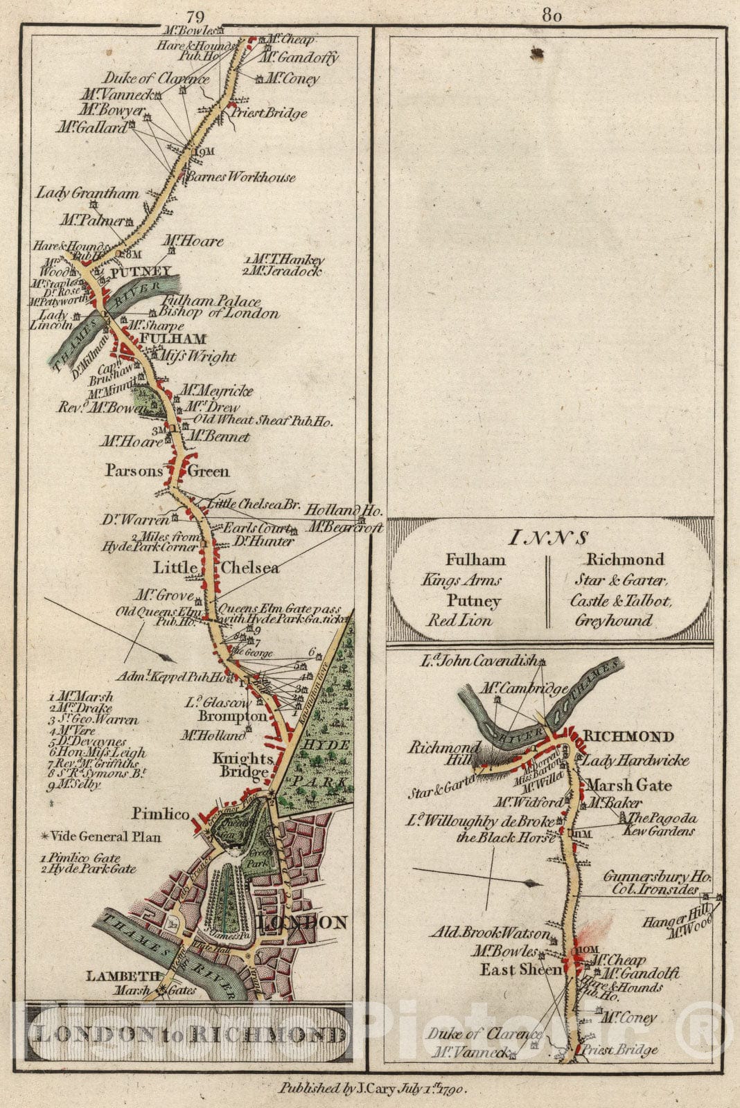 Historic Map : London to Richmond., 1790, Vintage Wall Art