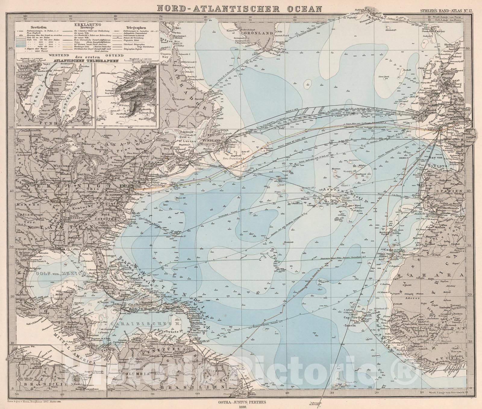 Historic Map : Nord-Atlantischer Ocean. (Atlantic)., 1880, Vintage Wall Art