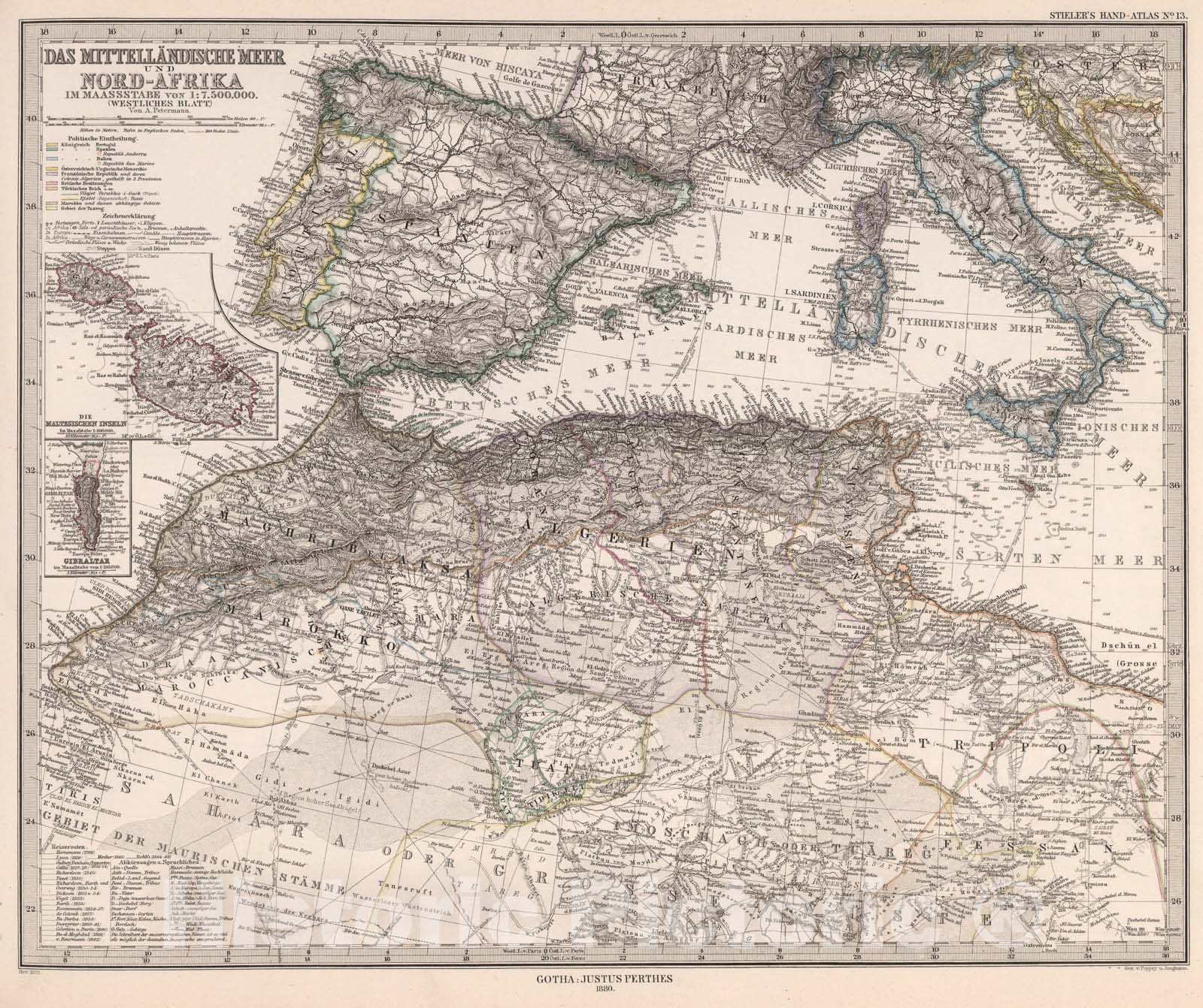 Historic Map : Das Mittellandische Meer und Nord-Afrika (Western Mediterranean Sea and North Africa)., 1880, Vintage Wall Art