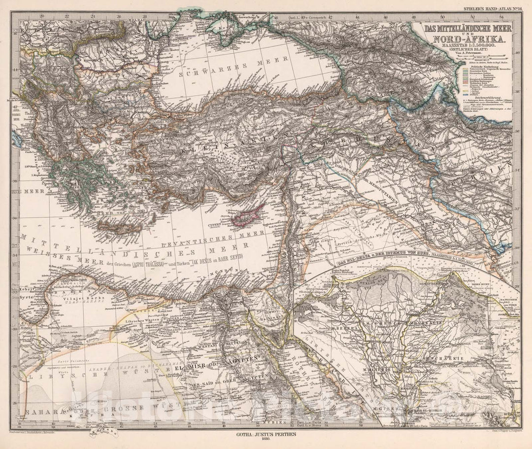 Historic Map : Das Mittellandische Meer und Nord-Afrika (Eastern Mediterranean Sea and North Africa)., 1880, Vintage Wall Art