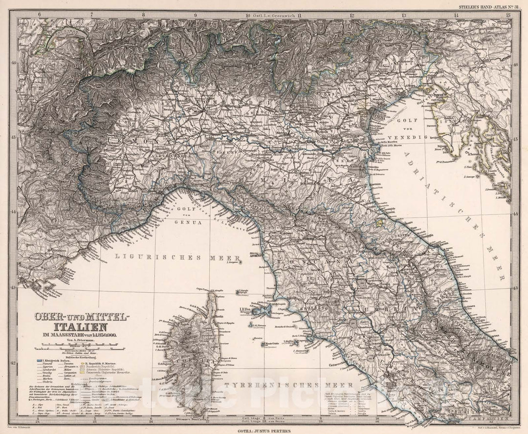 Historic Map : Ober-und Mittel-Italien. (Italy)., 1880, Vintage Wall Art