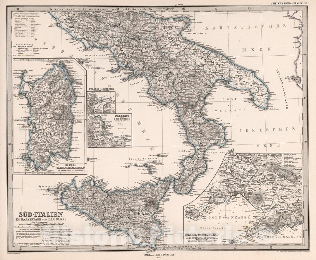 Historic Map : Sud-Italien. (Italy)., 1880, Vintage Wall Art