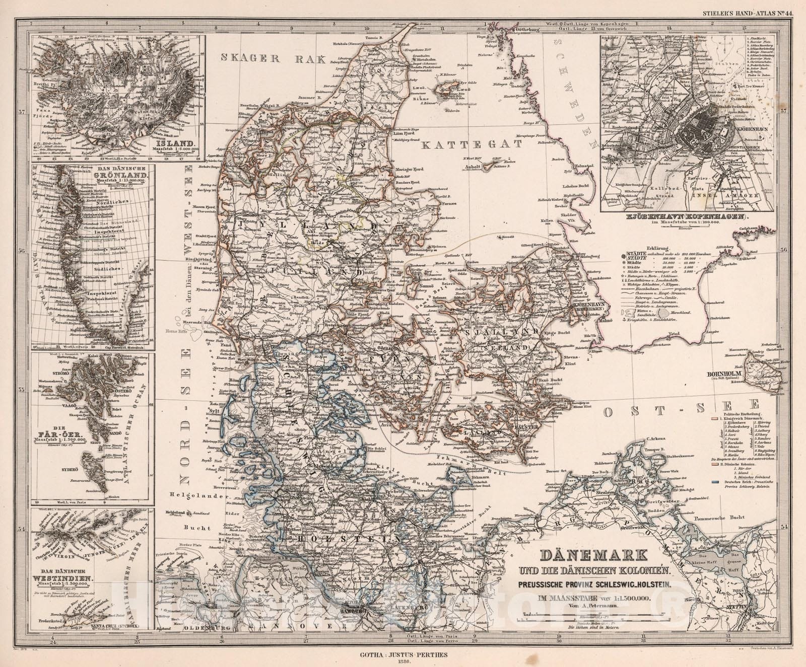 Historic Map : Daenemark und die Daenischen Kolonien. (Denmark and Dutch Colonies)., 1880, Vintage Wall Art