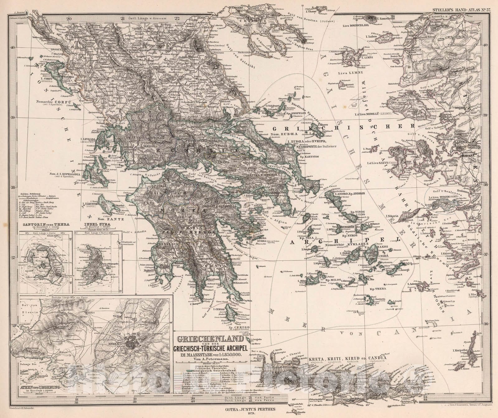 Historic Map : Griechenland und der Griechisch-Turkische Archipel (Greece and the Aegean Sea)., 1879, Vintage Wall Art