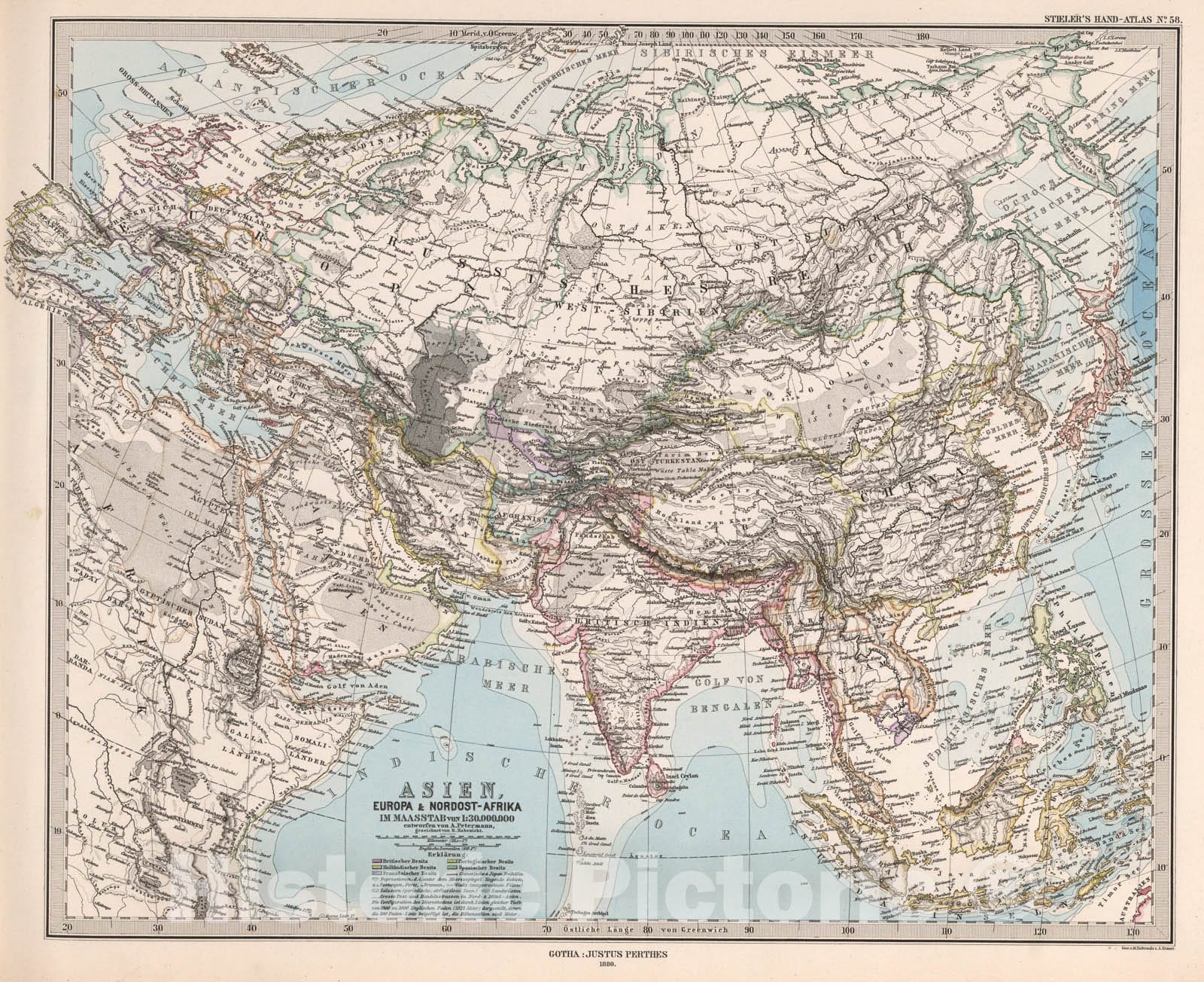 Historic Map : Asien, Europa & Nordost-Afrika (Asia, Europe, Northeast Africa)., 1880, Vintage Wall Art