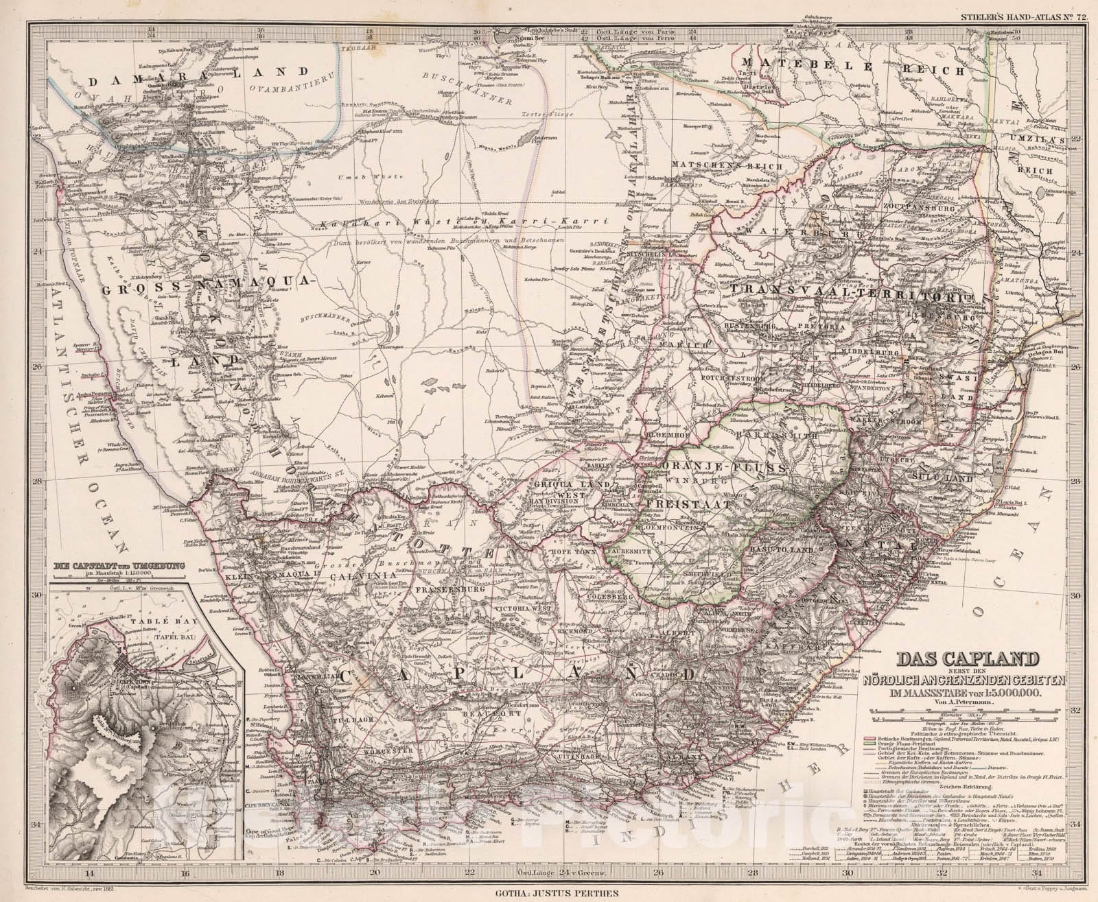 Historic Map : Das Capland nebst den Nordlich Ancrenzenden Gebieten (South Africa)., 1880, Vintage Wall Art