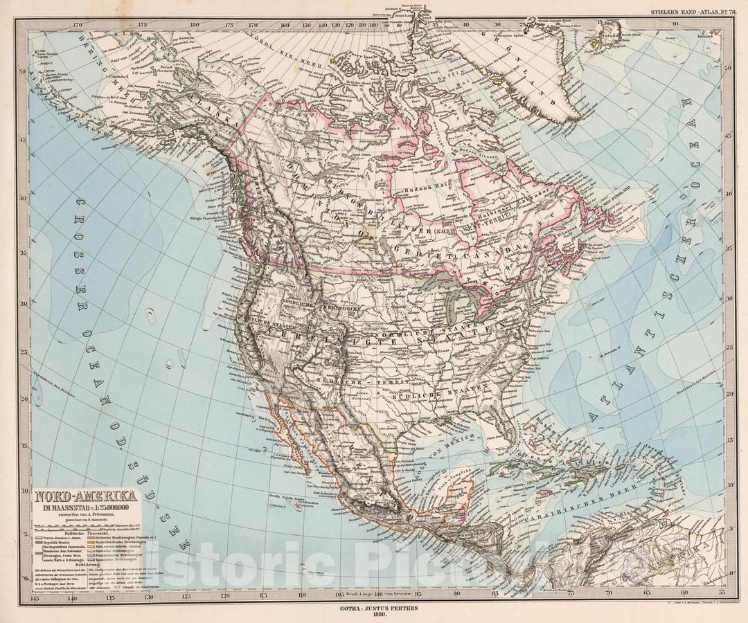 Historic Map : Nord-Amerika (North America)., 1880, Vintage Wall Art