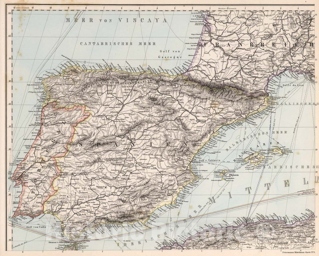 Historic Map : Karte No. 1. Karte des Mittellandischen Meeres in eight Blattern (Mediterranean No. 1)., 1eighteight0, Vintage Wall Art