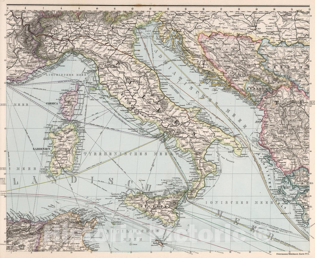 Historic Map : Karte No. 2. Karte des Mittellandischen Meeres in eight Blattern (Mediterranean No. 2)., 1eighteight0, Vintage Wall Art