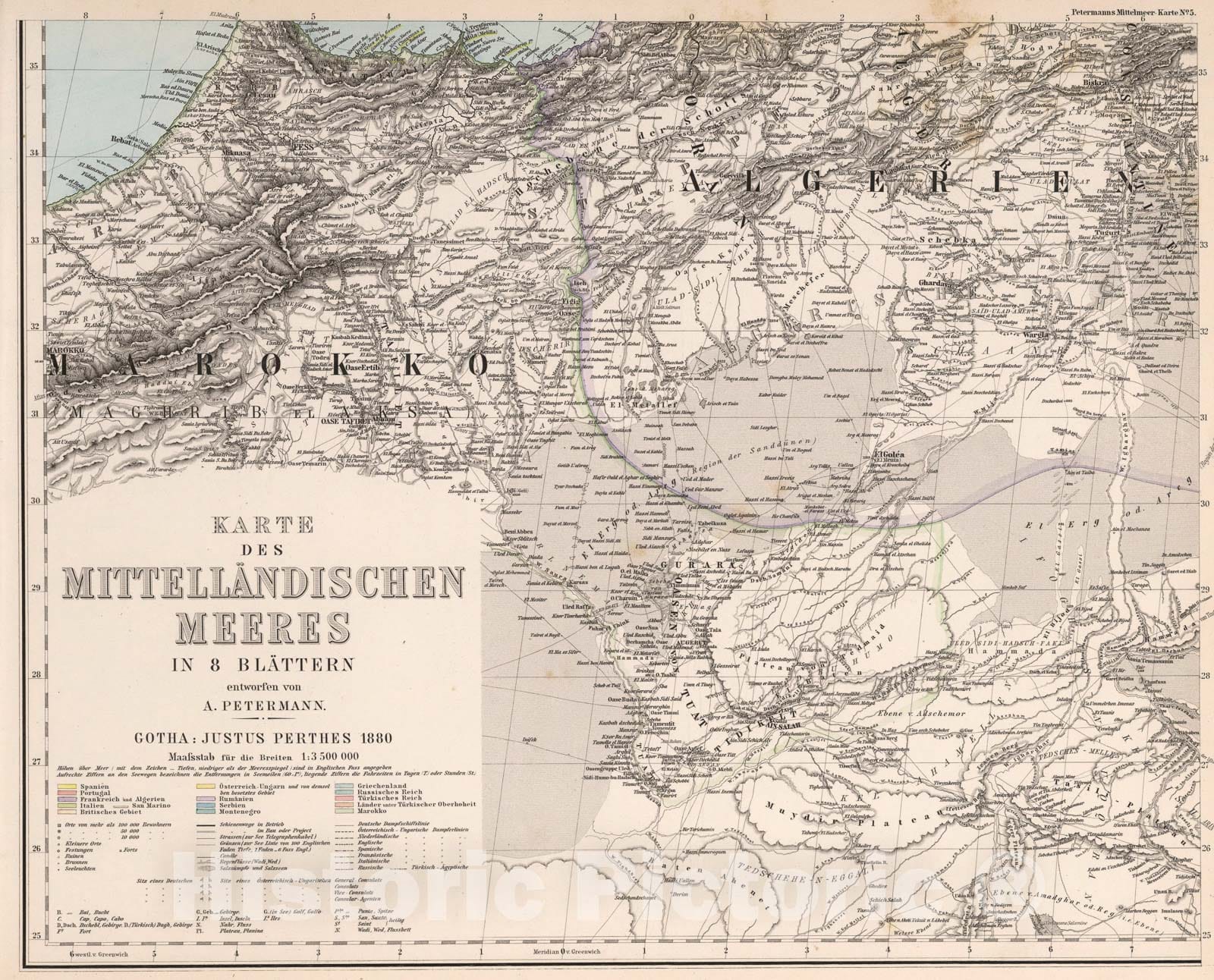 Historic Map : Karte No. 5. Karte des Mittellandischen Meeres in eight Blattern (Mediterranean No. 5)., 1eighteight0, Vintage Wall Art