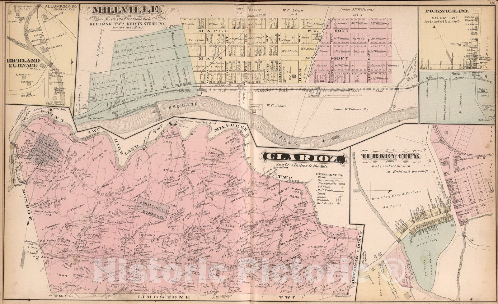 Historic Map : Clarion, Clarion County, Pennsylvania. Richland Furnace. Millville (Hawthorn). Pickwick P.O. Turkey City., 1877, Vintage Wall Art