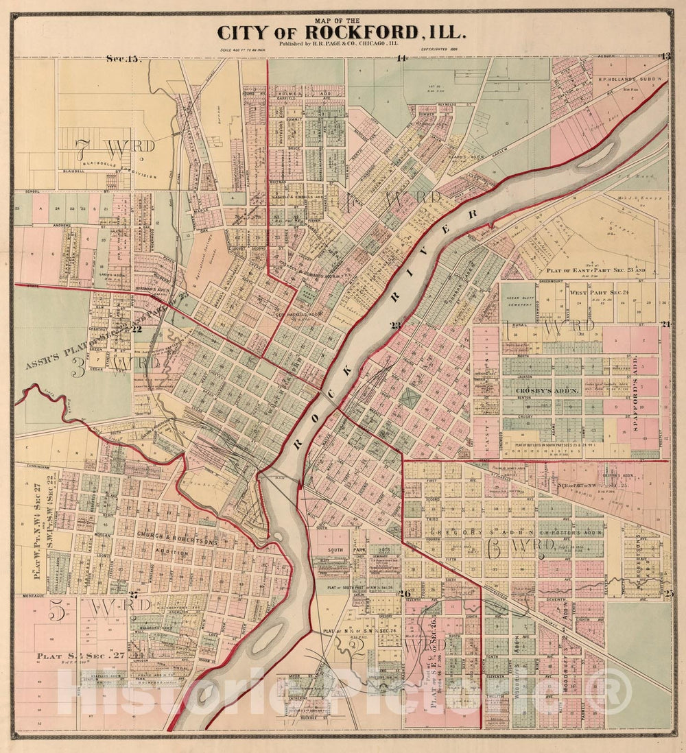 Historic Map : City of Rockford, Illinois., 1886, Vintage Wall Art