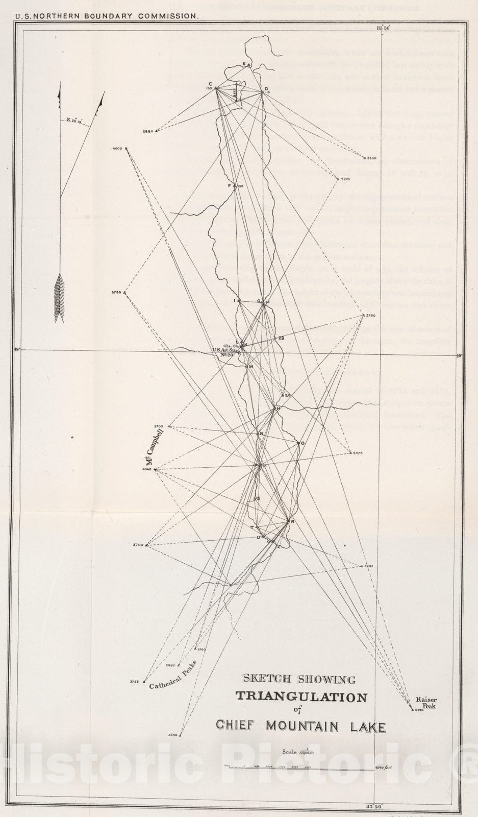 Historic Map : Sketch Showing Triangulation of Chief Mountain Lake., 1878, Vintage Wall Art