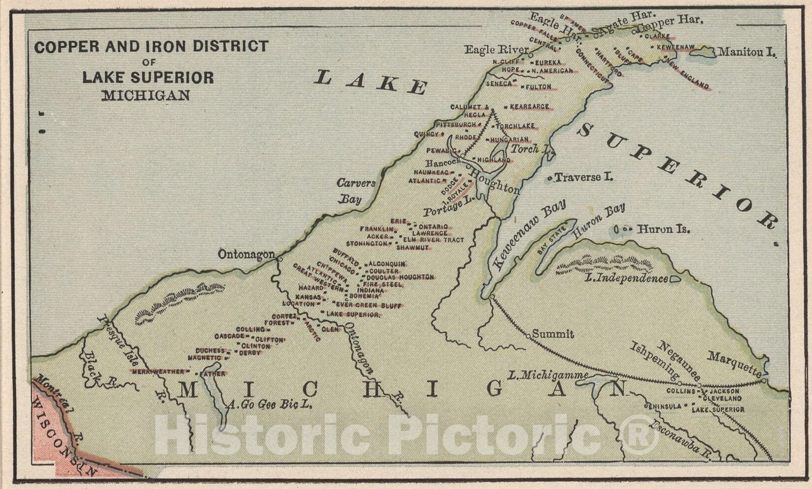 Historic Map : Copper and Iron District of Lake Superior Michigan, 1880, Vintage Wall Art