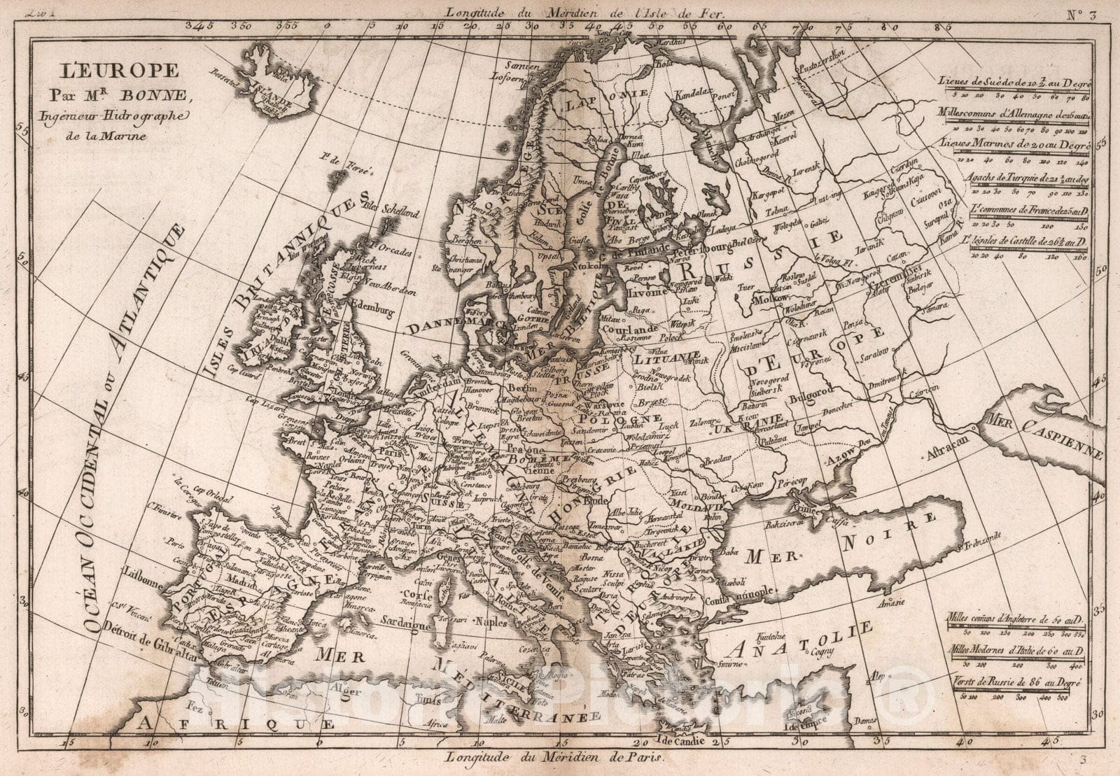 Historic Map : L'Europe : par M.r Bonne, 1780, Vintage Wall Art