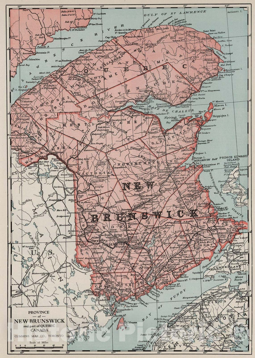 Historic Map : Province of New Brunswick and Part of Quebec, Canada (continued)., 1925, Vintage Wall Art