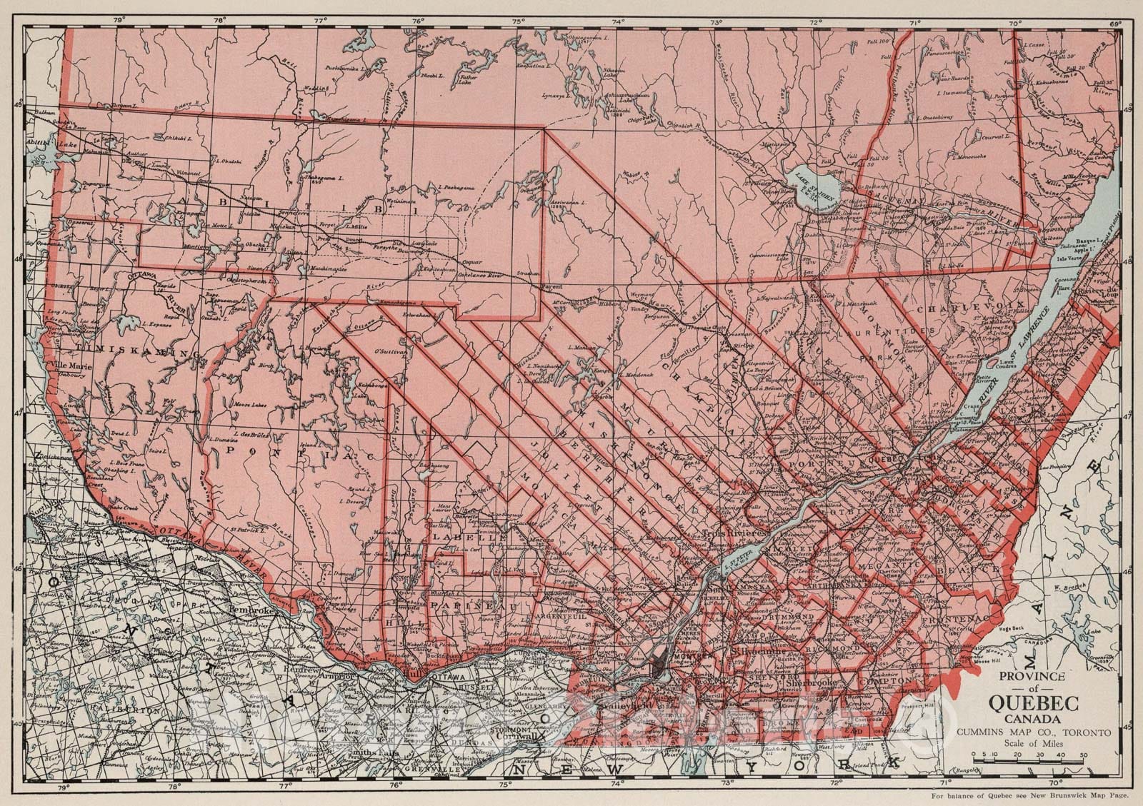 Historic Map : Province of Quebec, Canada., 1925, Vintage Wall Art