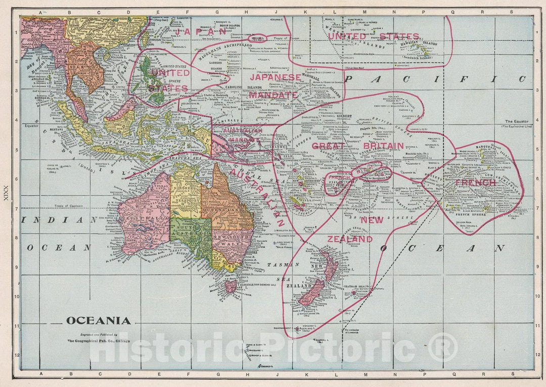 Historic Map : Oceania., 1925, Vintage Wall Art