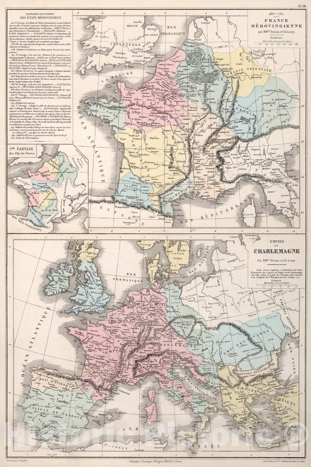 Historic Map : France Merovingienne. Empire de Charlemagne., 1886, Vintage Wall Art