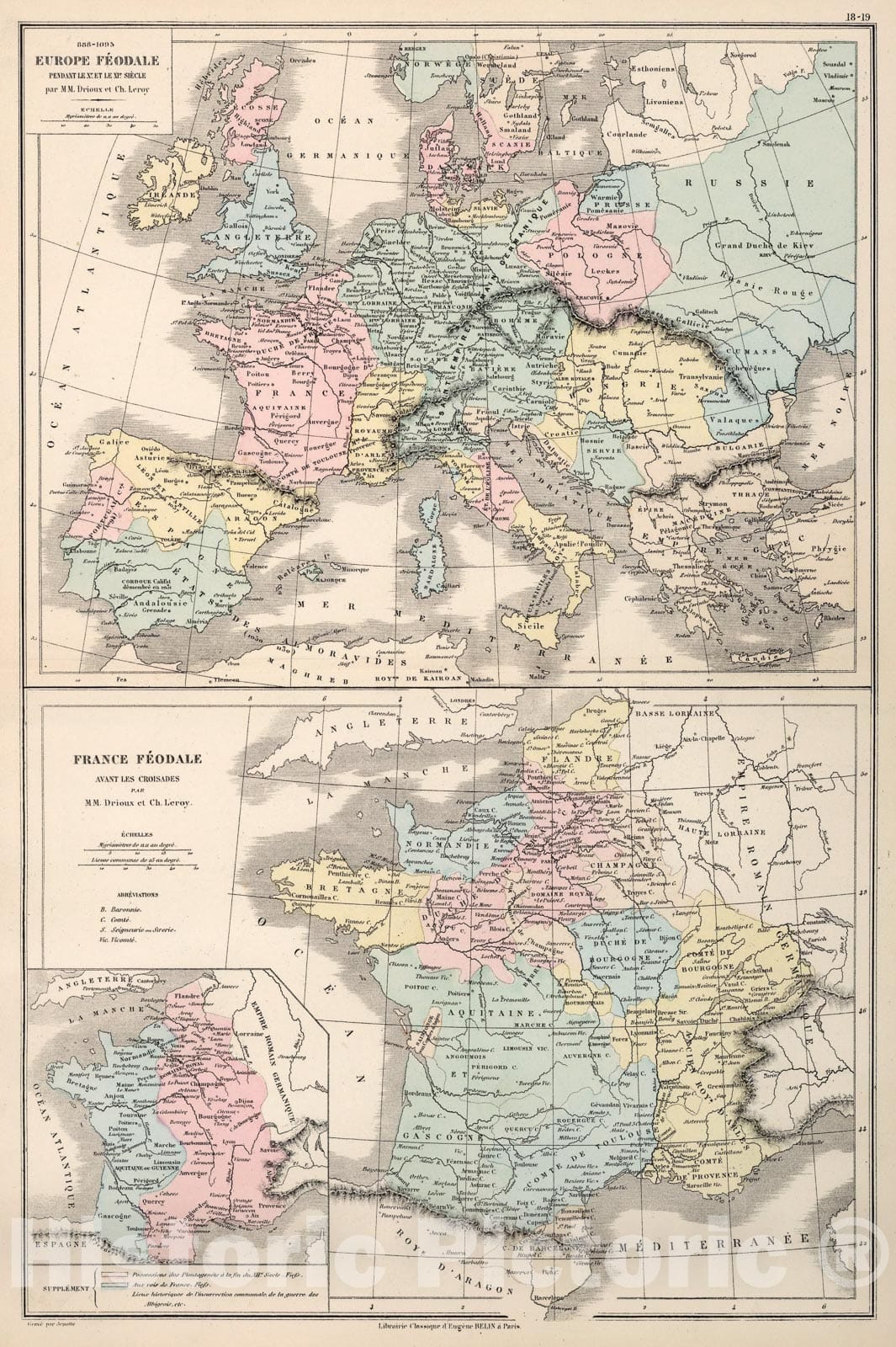 Historic Map : Europe Feodale. France Feodale, 1886, Vintage Wall Art