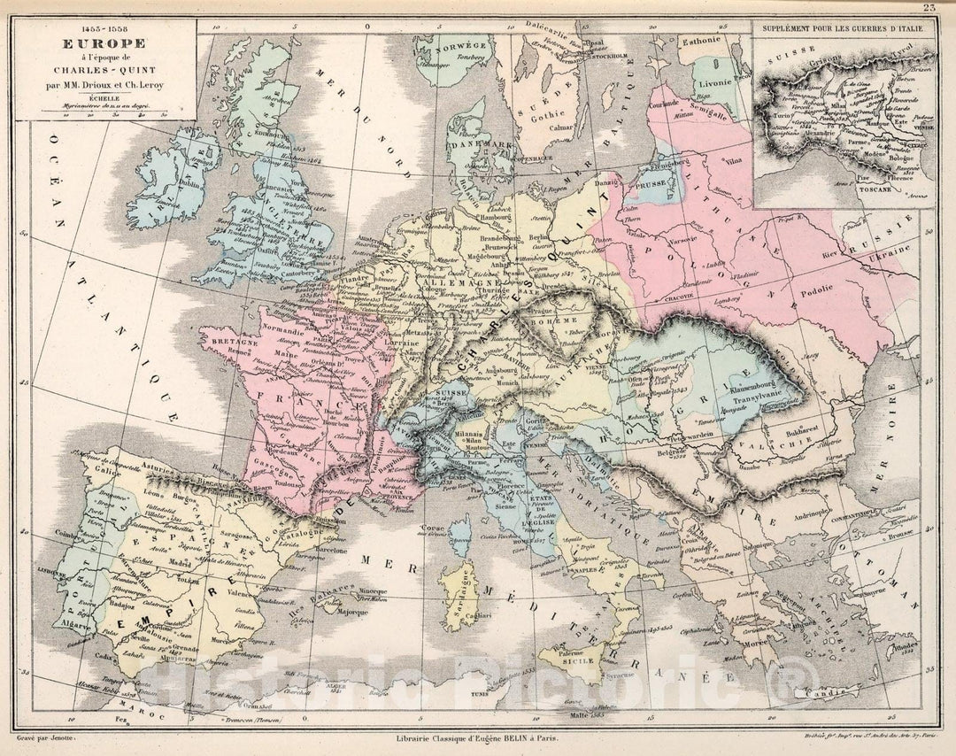 Historic Map : Europe a l'Epoque de Charles - Quint. 1453-1558, 1886, Vintage Wall Art