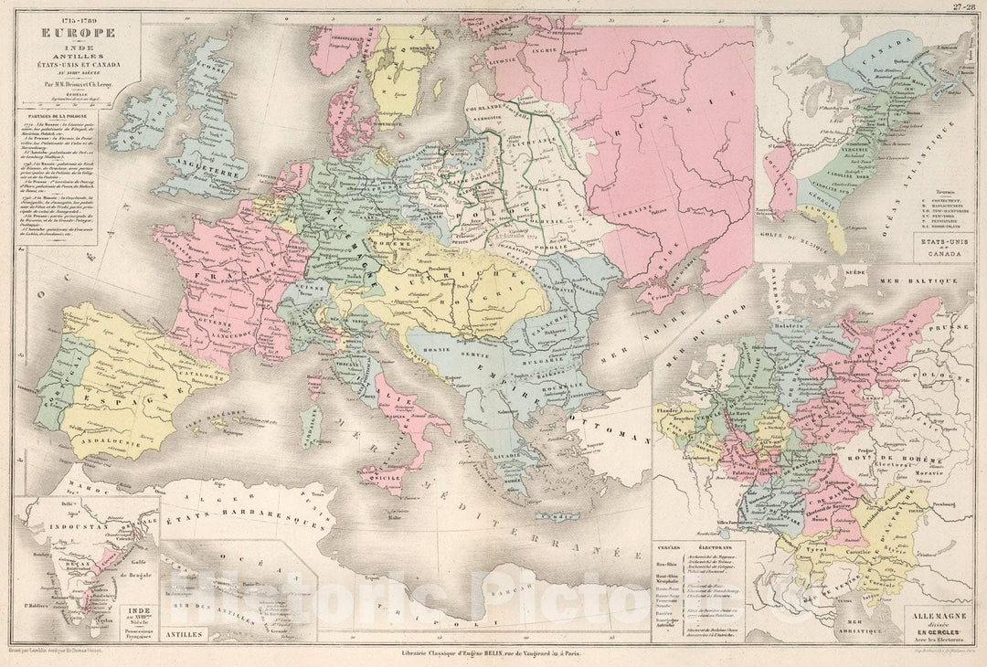 Historic Map : Europe : Inde, Antilles , Etats - Unis et Canada Au XVIIIe. siecle. 1715-1789, 1886, Vintage Wall Art