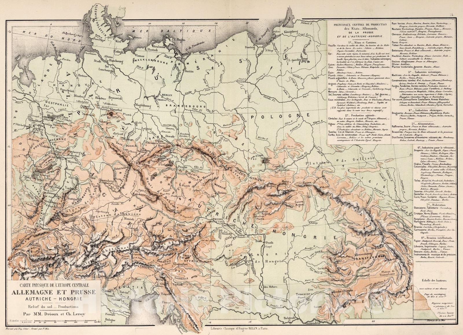 Historic Map : Carte physique de l'Europe Centrale : Allemagne et Prusse : Autriche - Hongrie, 1886, Vintage Wall Art