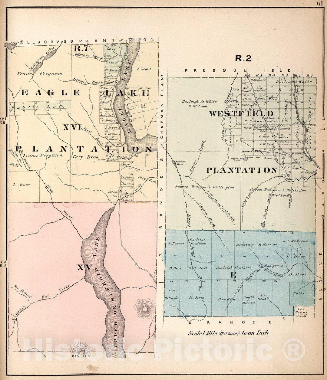 Historic Map : R. seven Eagle Lake Plantation XVI XV. R. two Westfield Plantation. E, Aroostook County, Maine., 18sevenseven, Vintage Wall Art