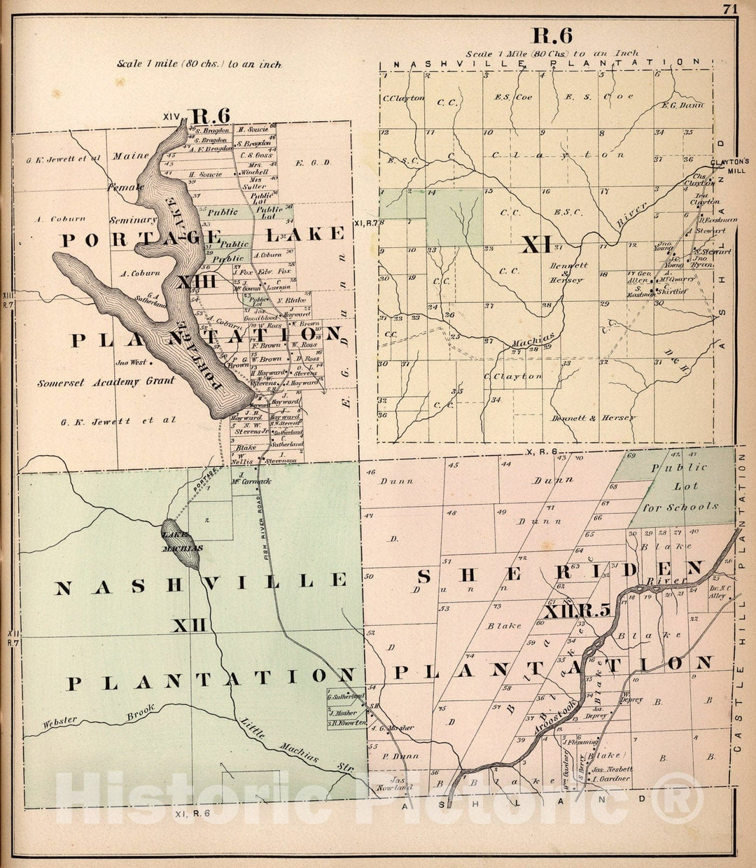 Historic Map : R. six Portage Lake Plantation XIII Nashville Plantation XII. R. six XI. Sheridan Plantation XII. R. 5, Aroostook County, Maine., 1877, Vintage Wall Art