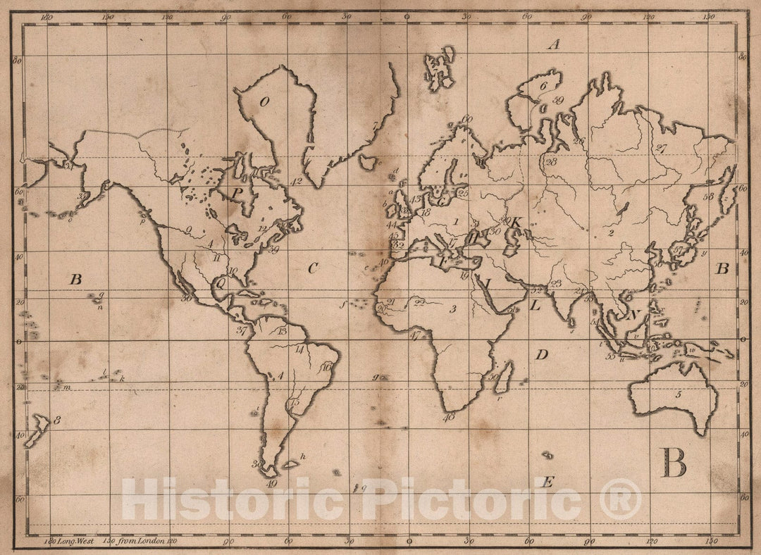 Historic Map : B: Untitled outline map of the world, 1807, Vintage Wall Art