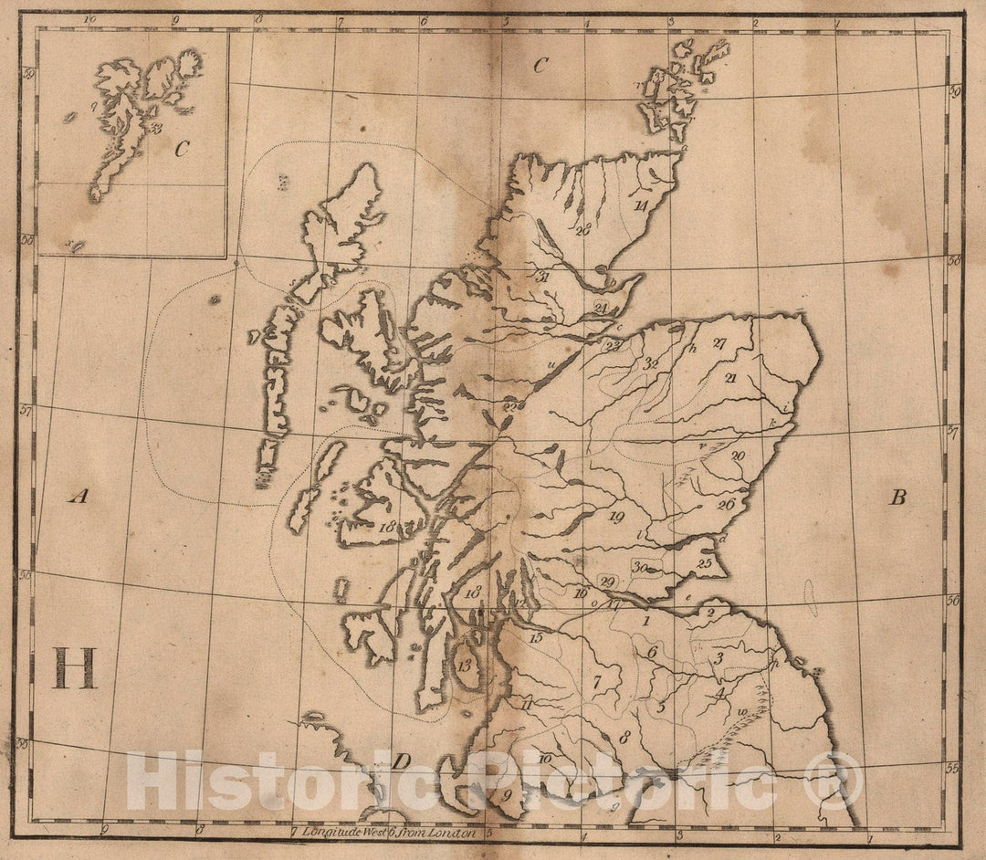 Historic Map : H: Untitled outline map of Scotland, 1807, Vintage Wall Art