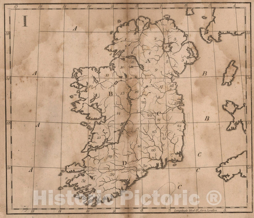 Historic Map : I: Untitled outline map of Ireland, 1807, Vintage Wall Art