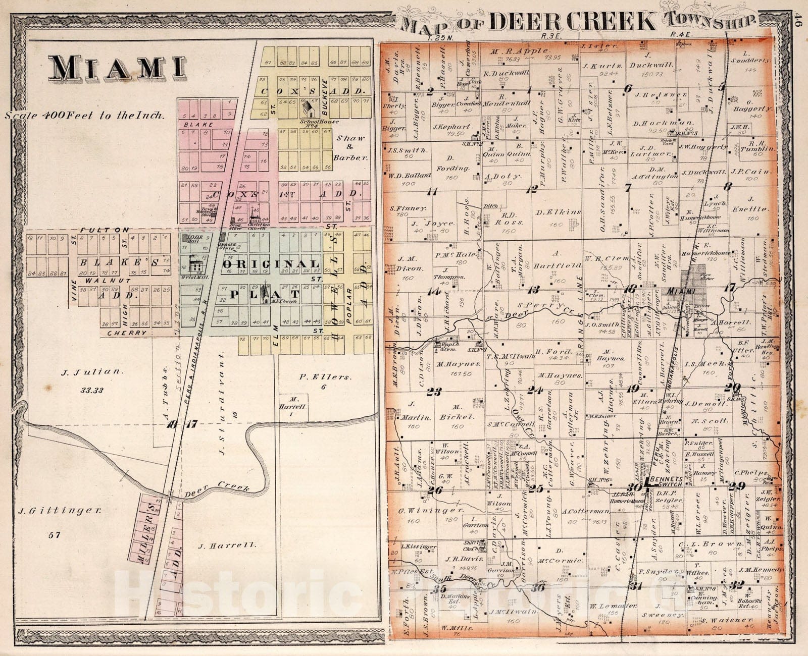 Historic Map : Deer Creek Township. Miami, Indiana., 1877, Vintage Wall Art