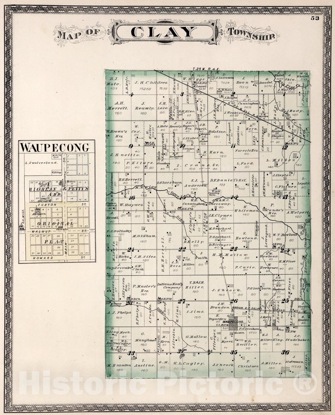 Historic Map : Clay Township, Miami County, Indiana. Waupecong., 1877, Vintage Wall Art