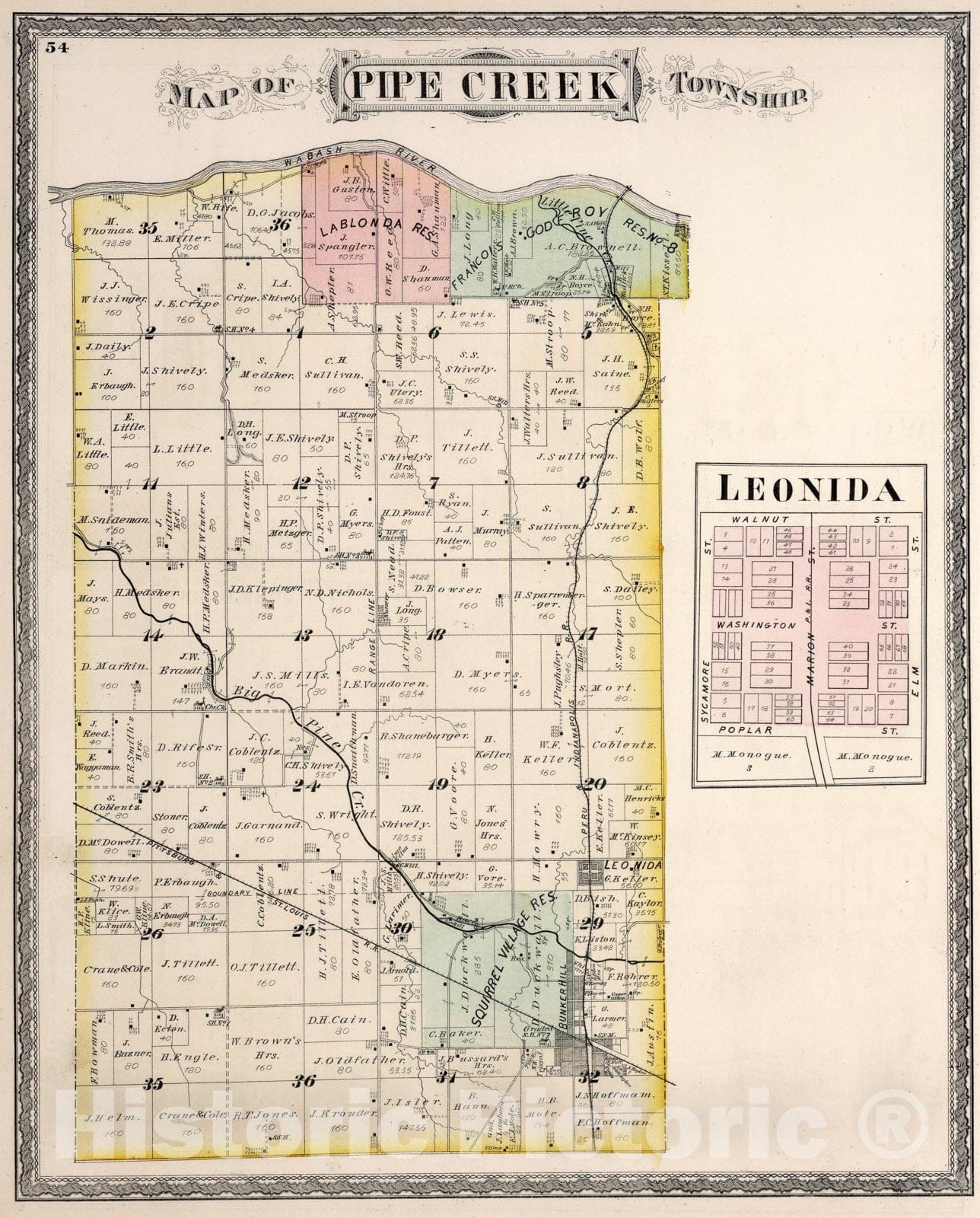 Historic Map : Pipe Creek Township, Miami County, Indiana. Leonida., 1877, Vintage Wall Art