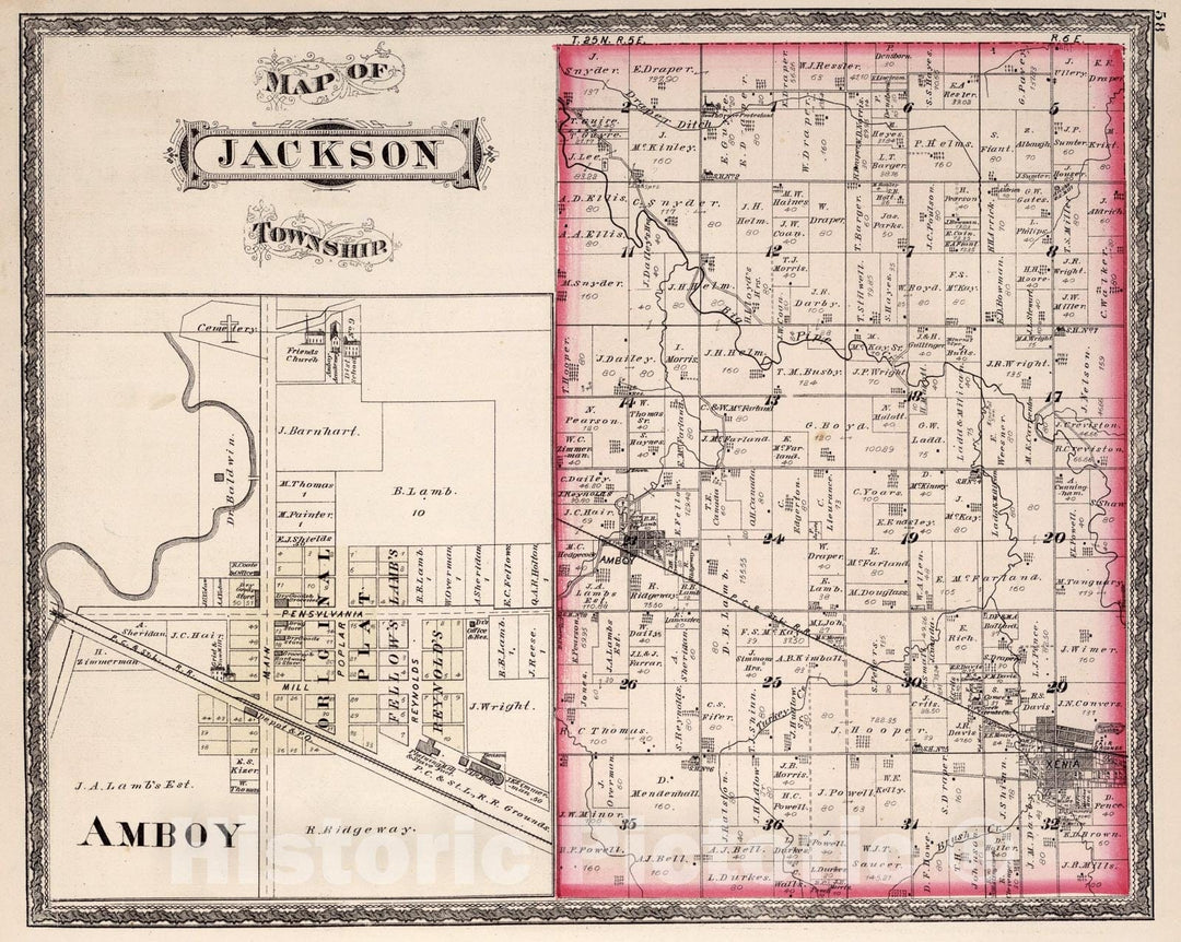 Historic Map : Jackson Township, Miami County, Indiana. Amboy., 1877, Vintage Wall Art