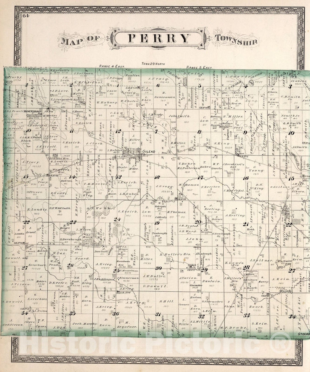 Historic Map : Perry Township, Miami County, Indiana., 1877, Vintage Wall Art